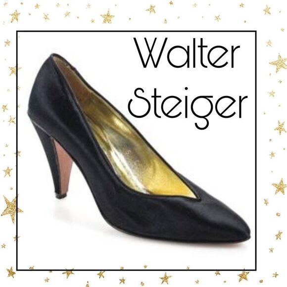 Walter Steiger Black Satin Pointed Toe Pumps 7 7B - Picture 1 of 6